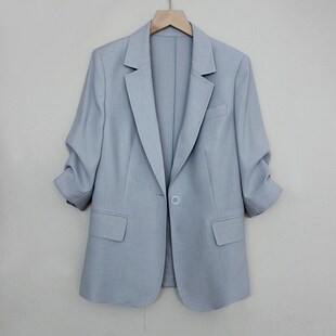 七分袖雾霾蓝小西装外套女士2025春夏高级感垂感空调西服修身显瘦