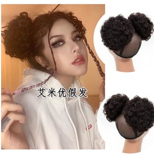 黑色双丸子发包黑人小卷假发懒人头饰高马尾一体式发包网兜花苞头