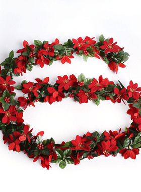 圣诞节装饰用品红色圣诞花编织藤条160CM长红花串条圣诞道具1.6米