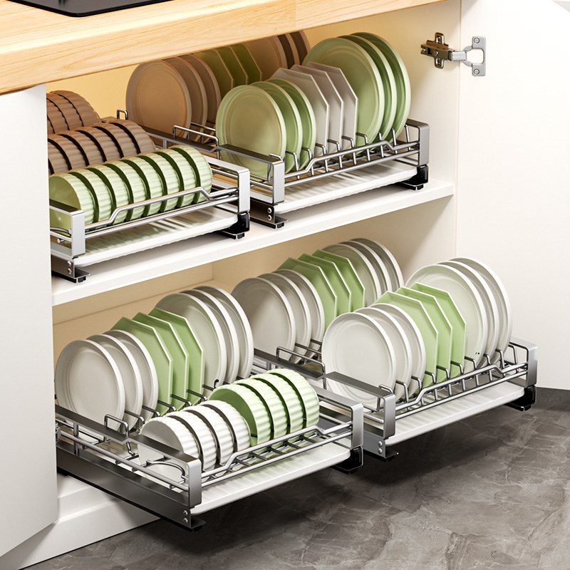 碗碟收纳架碗盘拉篮厨房橱柜碗篮抽屉式盘子碗架沥水架抽拉碗碟架