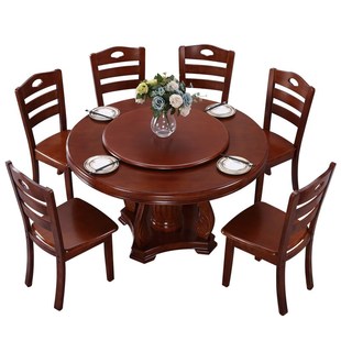 实木圆形餐桌椅子组合带转盘吃饭酒店包厢大圆桌中式 家用桌子10人