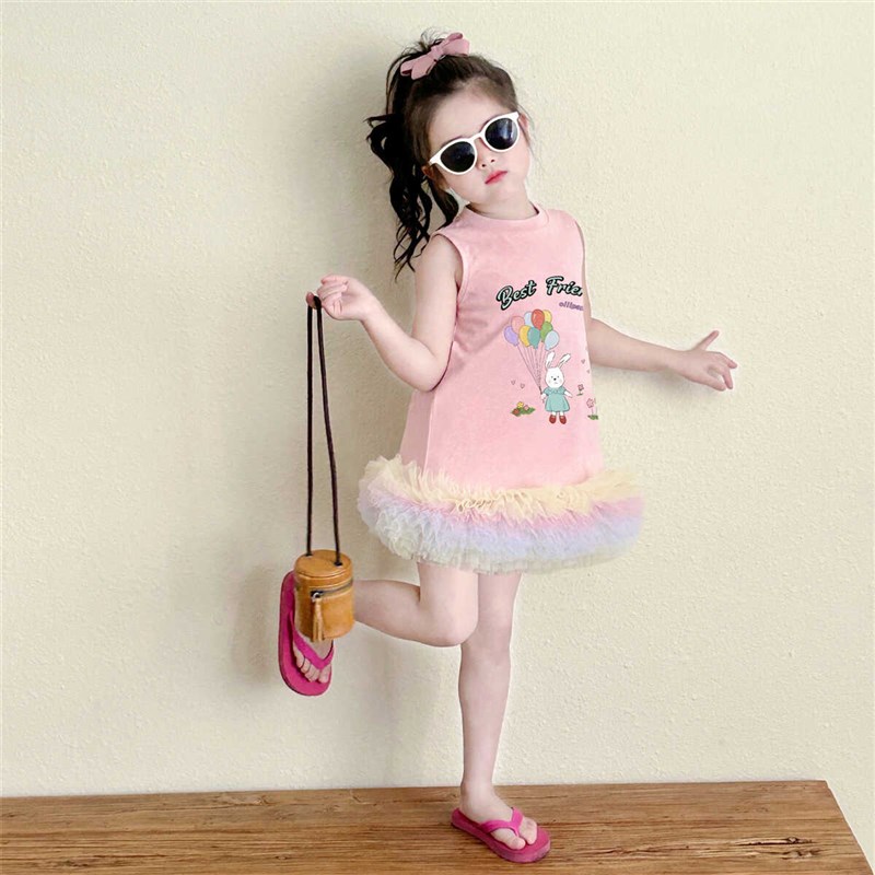 女童拼纱连衣裙2024夏季新款儿童装可爱甜美公主裙宝宝节日T恤裙