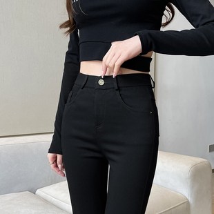 8分烟管裤女小个子梨形身材9分窄板直筒女裤纽扣开衩小黑裤女九分