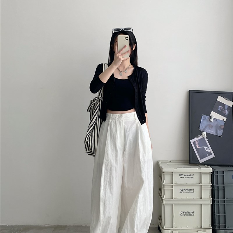 sun柚 春秋白色休闲裤子皱感尼龙棉挺括有型立体廓形阔腿裤杨桃裤