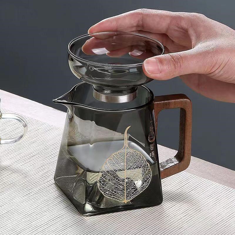 玻璃公道杯木把观山耐高温公杯茶漏一体功夫泡茶具配件分茶器