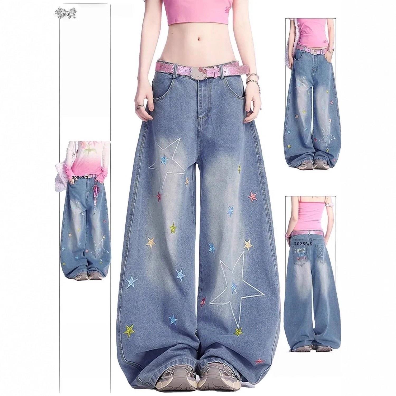 美式星星刺绣牛仔裤女2026年潮牌设计感阔腿长裤宽松水洗弯刀裤子