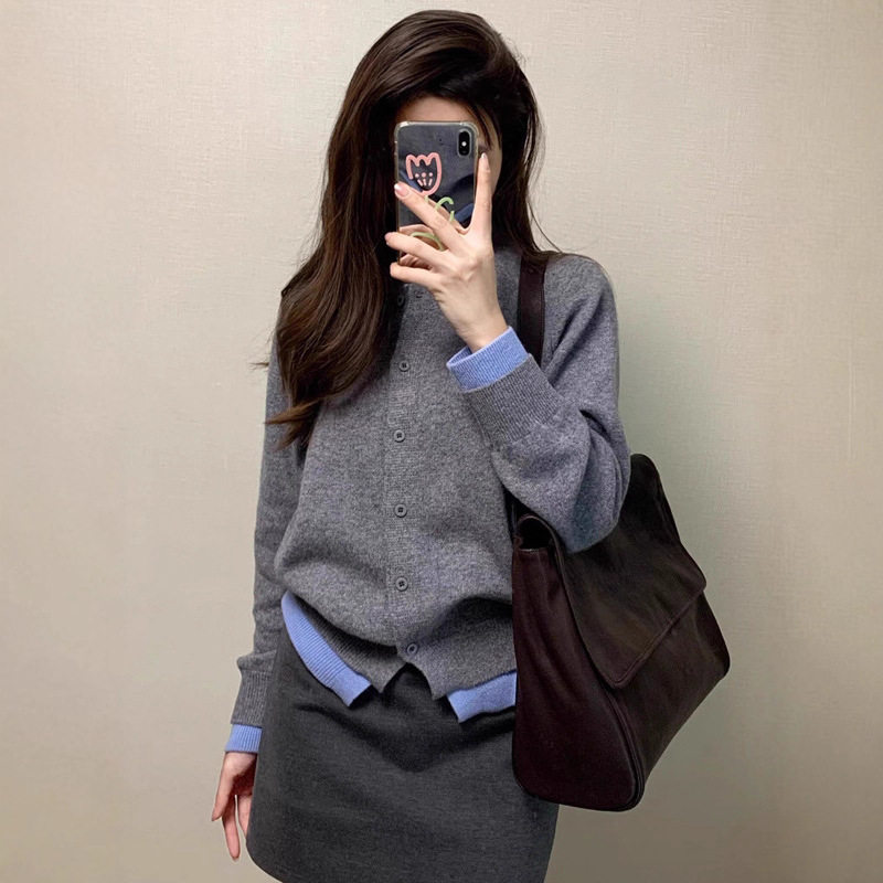 螺纹叠穿假两件针织开衫女春秋内搭短款修身显瘦毛衣外套短款上衣