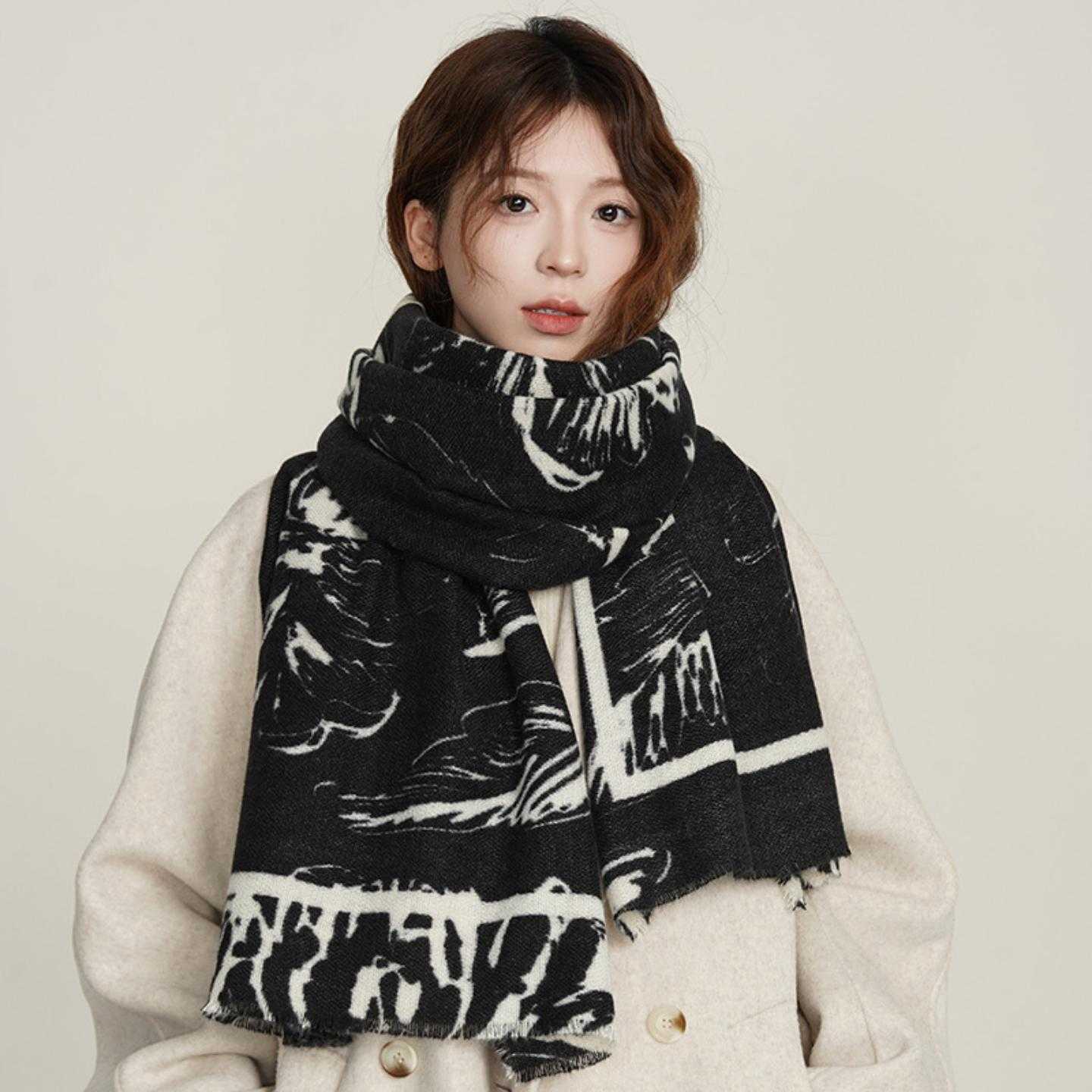 秋冬新款花朵印花仿羊绒围巾女