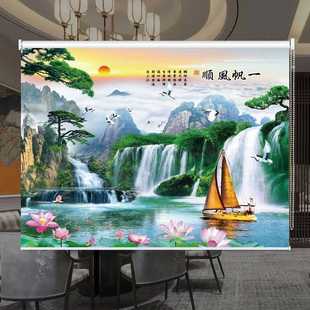山水画窗帘办公室客厅卧室背景手拉式 可现做卷帘中式 遮光遮阳