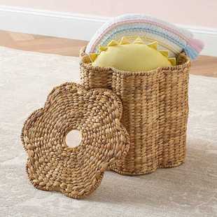 北欧家用收纳筐杂物置物筐葫芦草收纳篮编织带把手有盖玄关收纳筐