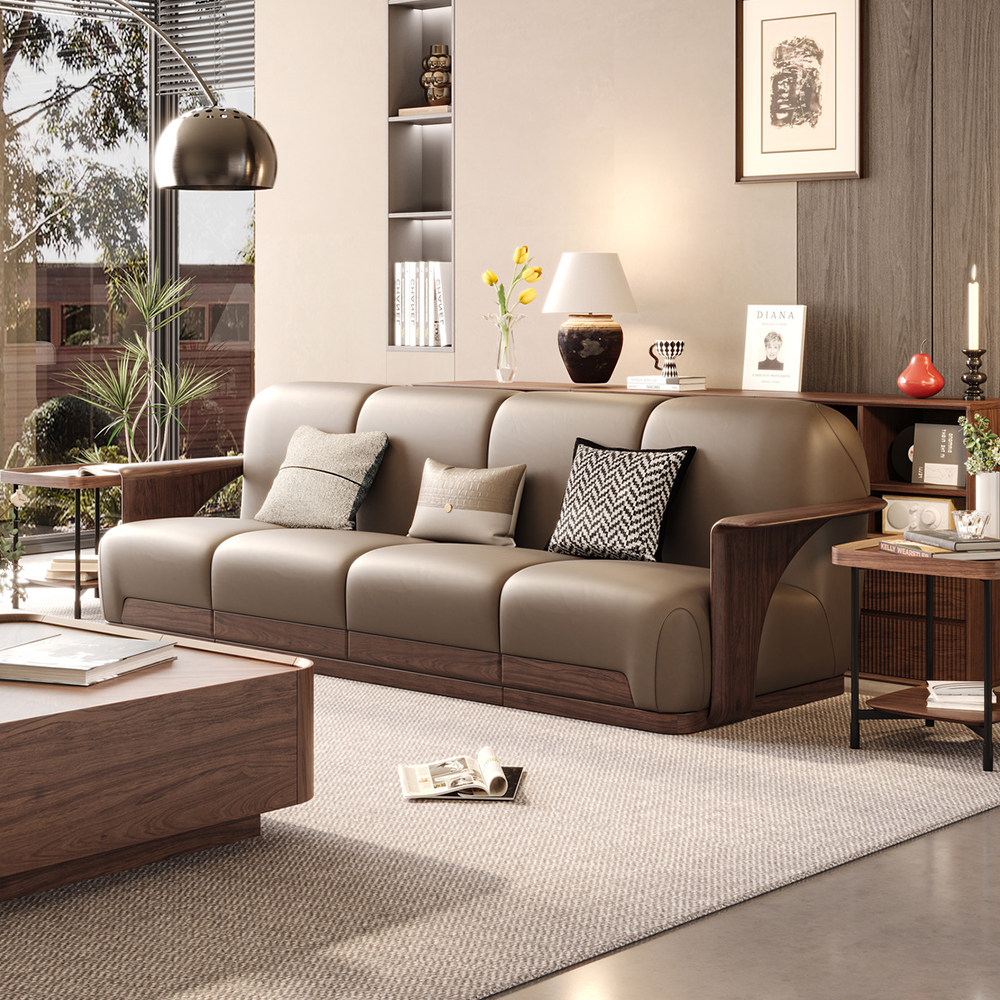 新中式黑胡桃木实木软包沙发家用客厅大户型别墅高端轻奢真皮家具