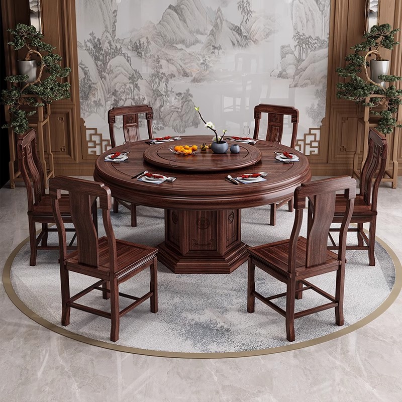 新中式乌金木全实木餐桌椅组合带转盘圆桌家用别墅客厅中国风饭桌