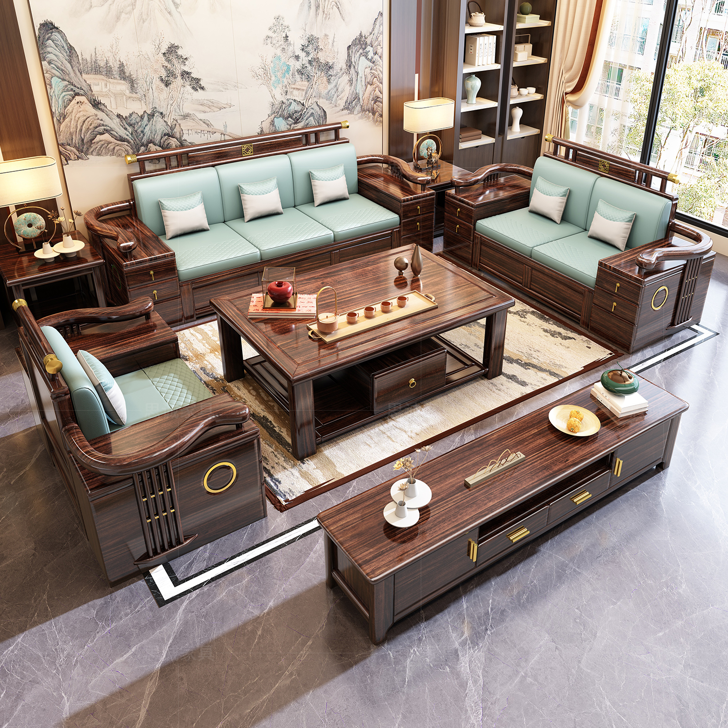 新中式乌金木实木沙发组合