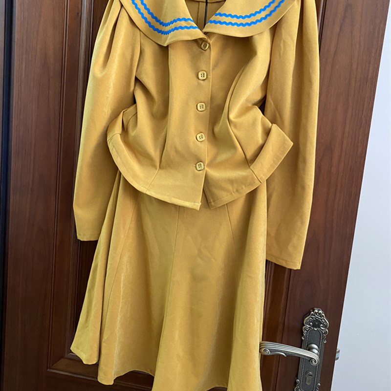 南君/昭和复古姜黄色休闲海军风领带jk制服修身长袖上衣+半裙套装
