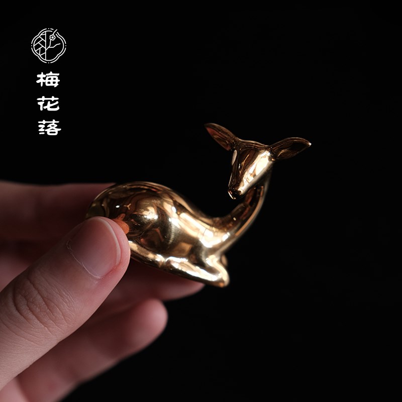 梅花落金釉小鹿茶搁鎏金陶瓷茶宠茶道配件笔搁茶玩敦煌摆件清物堂