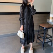 韩国东大门2021春秋新款 雪纺连衣裙女褶皱做旧宽松中长款 打底裙