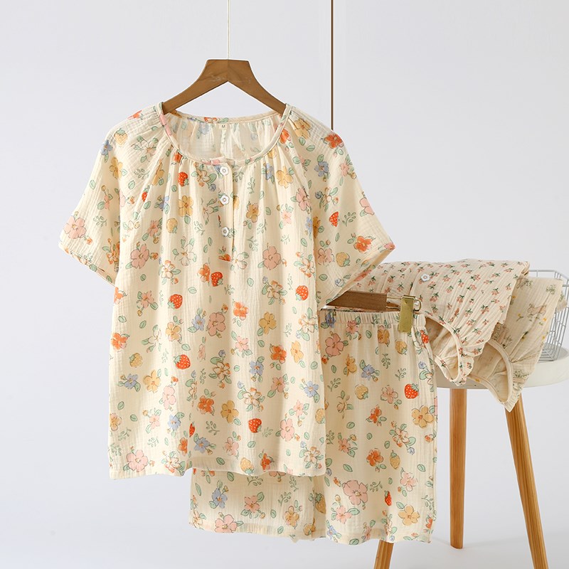 女士睡衣纯棉双层棉纱绉布套头短袖短裤薄款柔软宽松家居服两件套