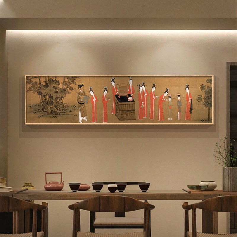 新中式装饰画卧室床头壁画茶室横幅挂画国画客厅装饰画簪花仕女图