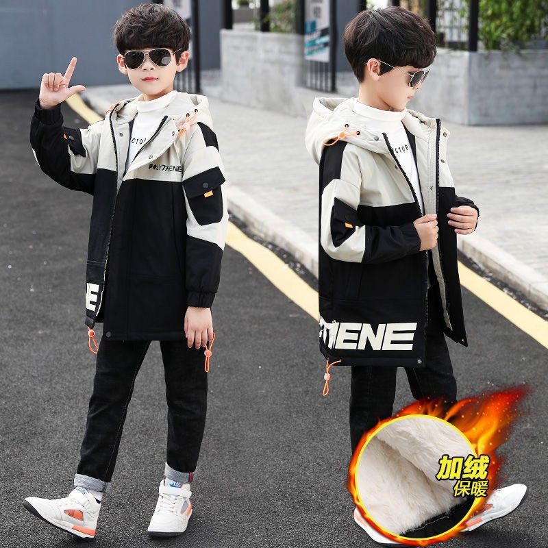 男童外套秋冬款2021新款儿童棉服中大童加绒加厚拼接风衣中长款潮