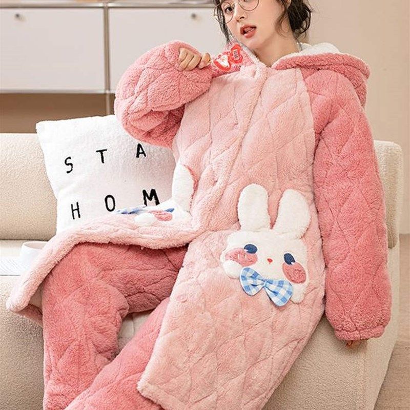 冬季加厚加绒三层夹棉保暖睡衣两件套男女可爱卡通粉兔兔连帽睡袍