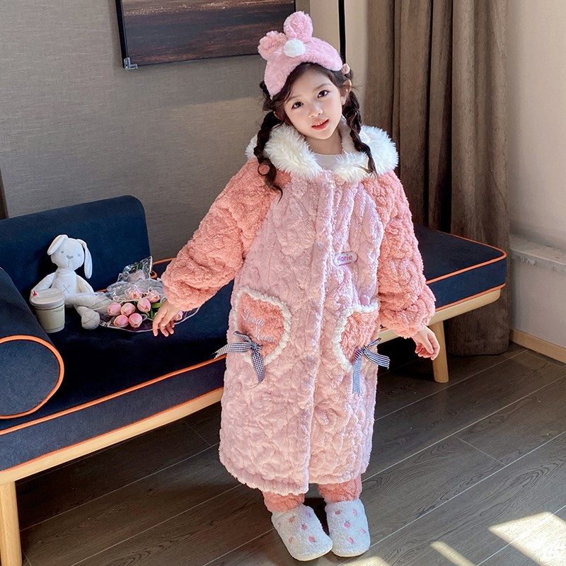 儿童睡衣套装冬季加厚款睡袍三层夹棉女童小孩珊瑚绒法兰绒家居服
