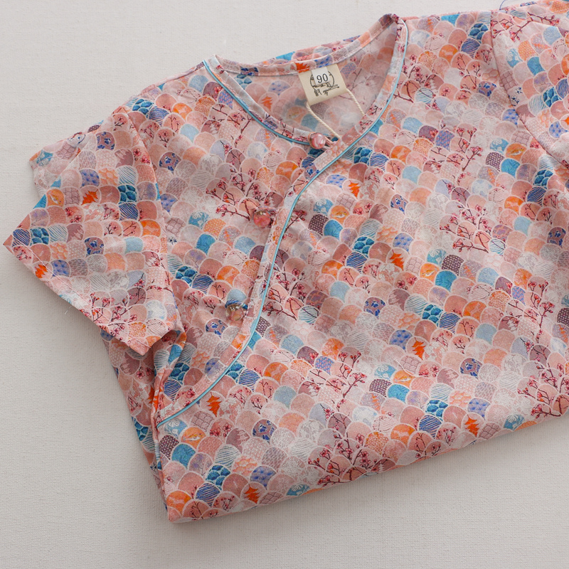 女童轻薄款纯棉汉服小女孩复古连衣裙儿童碎花旗袍圆领唐装夏款