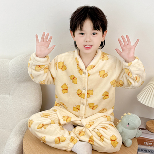 男童珊瑚绒睡衣秋冬加厚款儿童法兰绒小孩宝宝家居服保暖套装冬季