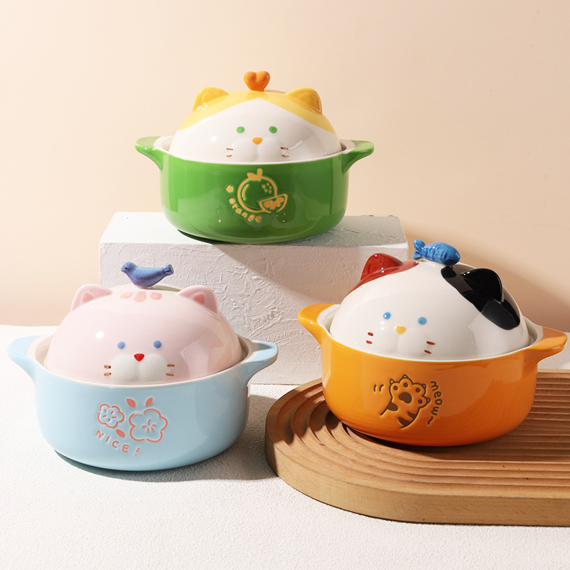 嘟嘟猫咪高颜值卡通陶瓷泡面 面碗带盖子双耳碗泡面 面碗带盖子家