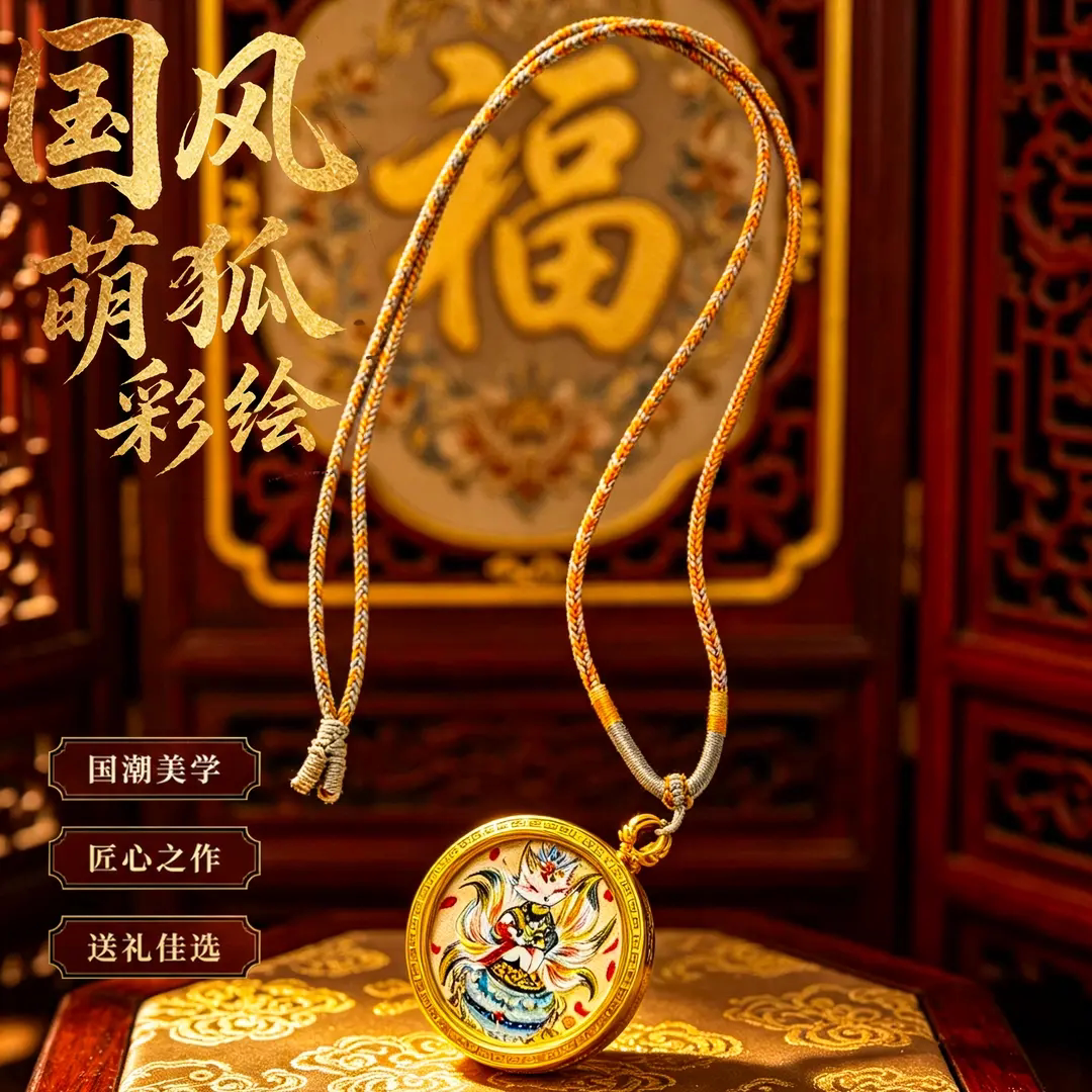 国风萌狐彩绘手绘九尾狐吊坠男女同款精致吊坠情侣送礼合金吊坠