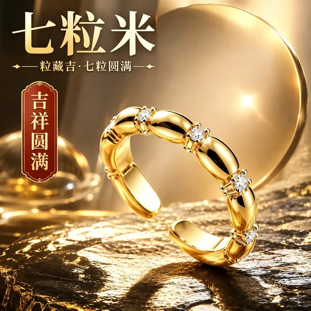 七粒米戒指镶钻古法手工活口戒铜合金合成锆指环时尚耳饰石龙虎山