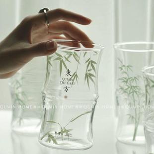 绿竹节玻璃杯高颜值家用办公室茶杯拿铁咖啡牛奶杯节日礼品 新中式