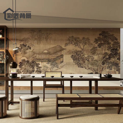 新中式宋式山水刺绣壁画喷绘硬包背景墙定制沙发酒店餐厅包间书房