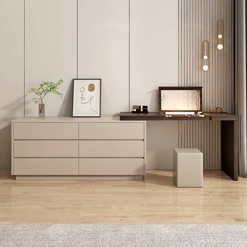 W8实木梳妆台卧室简约现代化妆桌镜柜斗柜翻盖一体桌可伸缩转角书