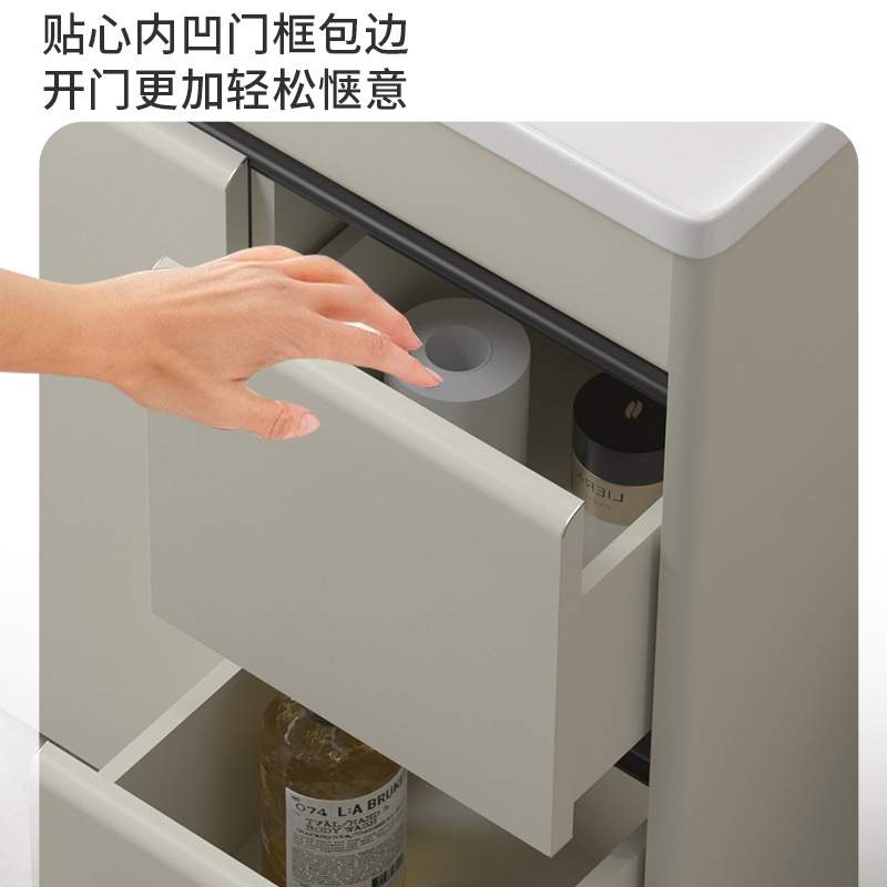 落地式浴室柜奶油风抽屉式浴室柜组合加深陶瓷一体盆卫生间洗手台