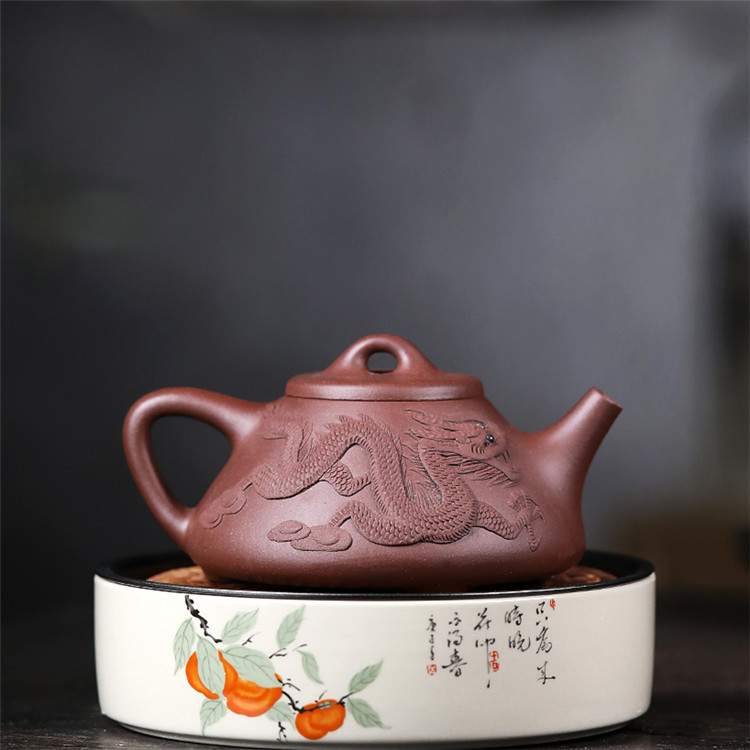 堆龙石瓢 宜兴原矿紫泥手工堆绘紫砂壶 容量240毫升家用茶具
