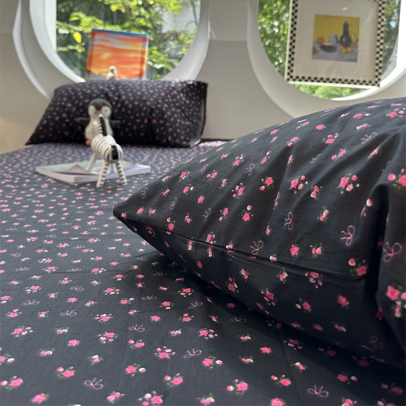 美式玫红色小碎花床笠床单单件1.35m全棉学生宿舍保护套床罩