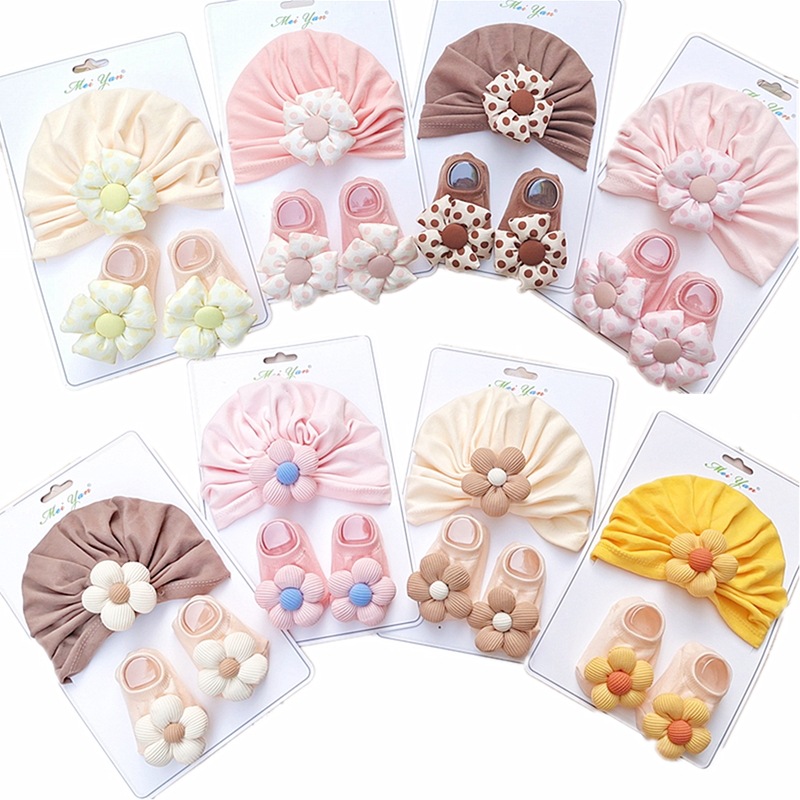 秋冬波点婴儿帽子加厚新生儿套头帽男女宝可爱蝴蝶结胎无骨帽套装