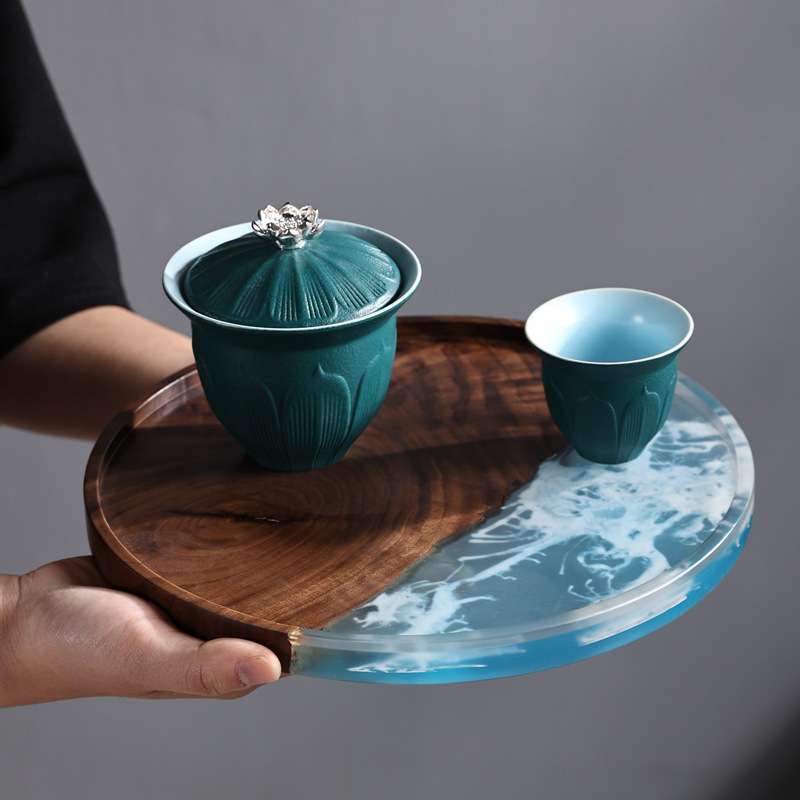 胡桃木树脂茶盘托盘海浪雪山创意茶盘围炉茶点盘家用旅行茶道配件