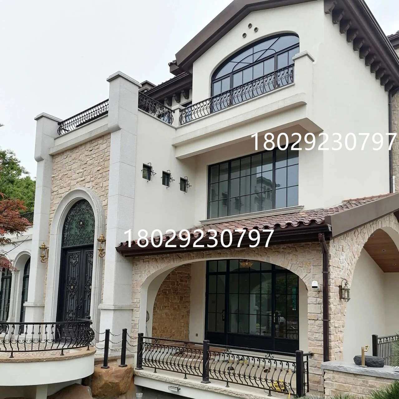 别墅自建房户外钢窗法式复古断桥铝门窗装饰弧形格条玻璃窗户