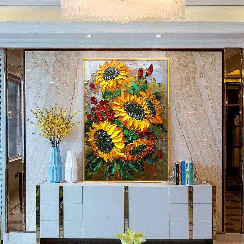 纯手绘油画玄关壁画现代简约向日葵厚油立体花卉餐厅挂画走廊画