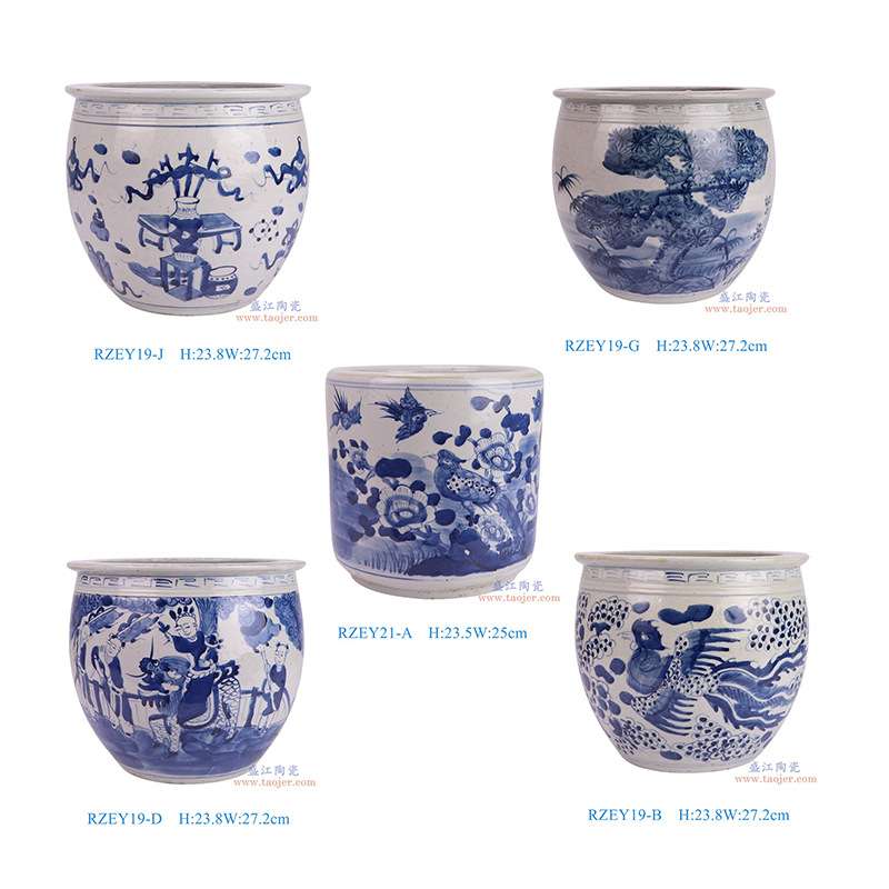 景德镇仿古手绘青花瓷人物龙凤小缸花鸟笔筒家居民宿收藏装饰摆件