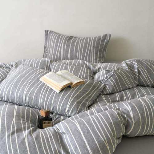 慵懒日式简约风A类全棉双层纱四件套条纹被套纯棉学生宿舍床上用