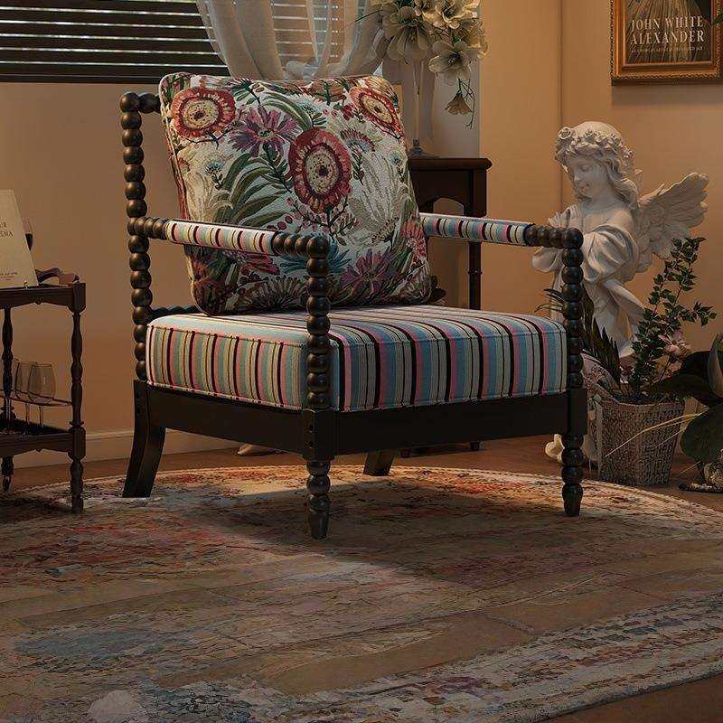 法式复古单人沙发椅中古风珍珠椅懒人客厅阳台休闲实木靠背老虎椅