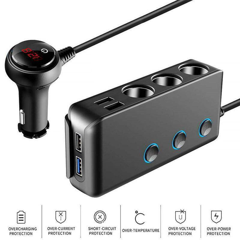 车载点烟器一拖四快充USB接口+1QC3.0+3点烟口+背夹+LED显示