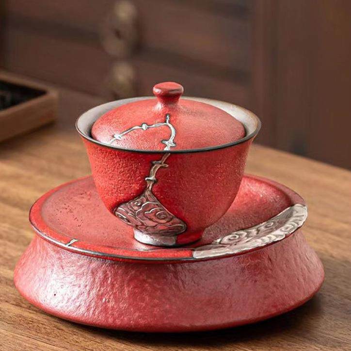 粉引柿红釉祥云盖碗家用红色国风陶瓷手工鎏银锔钉不烫手三才盖碗