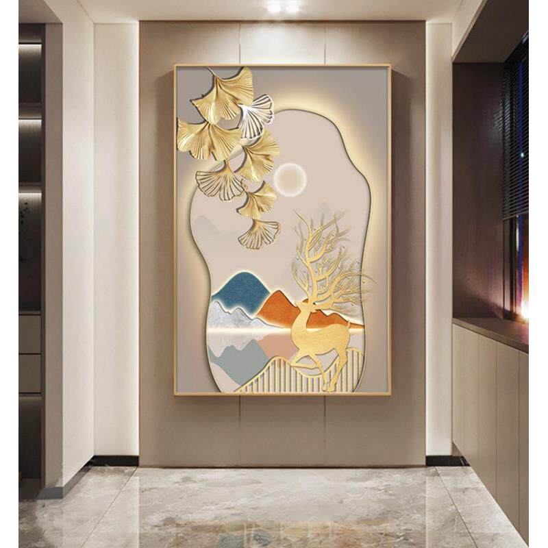 背有靠山现代轻奢抽象客厅背景壁画山水麋鹿入户玄关背景装饰画