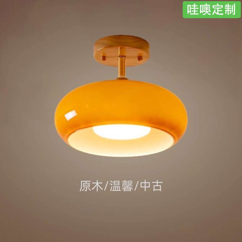 【哇噢】中古玄关入户过道灯原木奶油柿子吸顶灯复古日式阳台衣帽