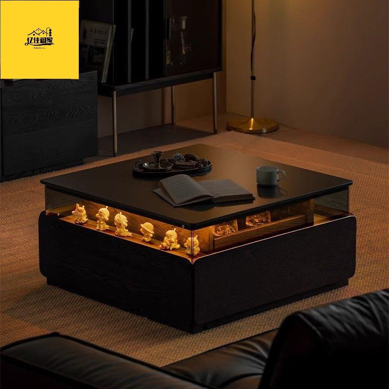 北欧复古岩板茶几客厅现代简约灯光氛围黑色正方形小户型实木家用