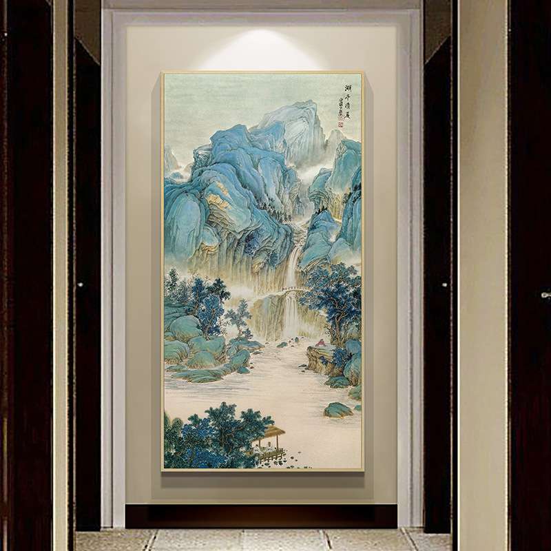 新中式入门玄关客厅装饰画过道挂画竖版流水生财壁画巨幅