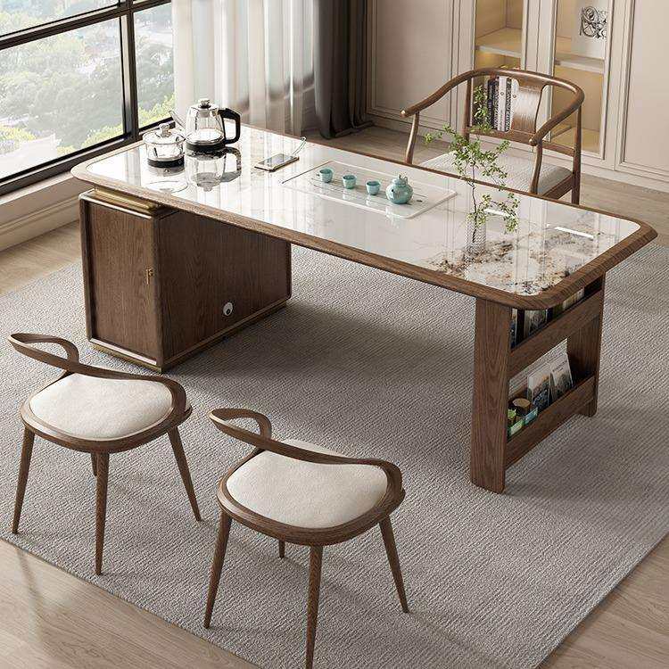 实木岩板茶台家用阳台茶桌椅组合1.3米办公室泡茶桌新中式2024款